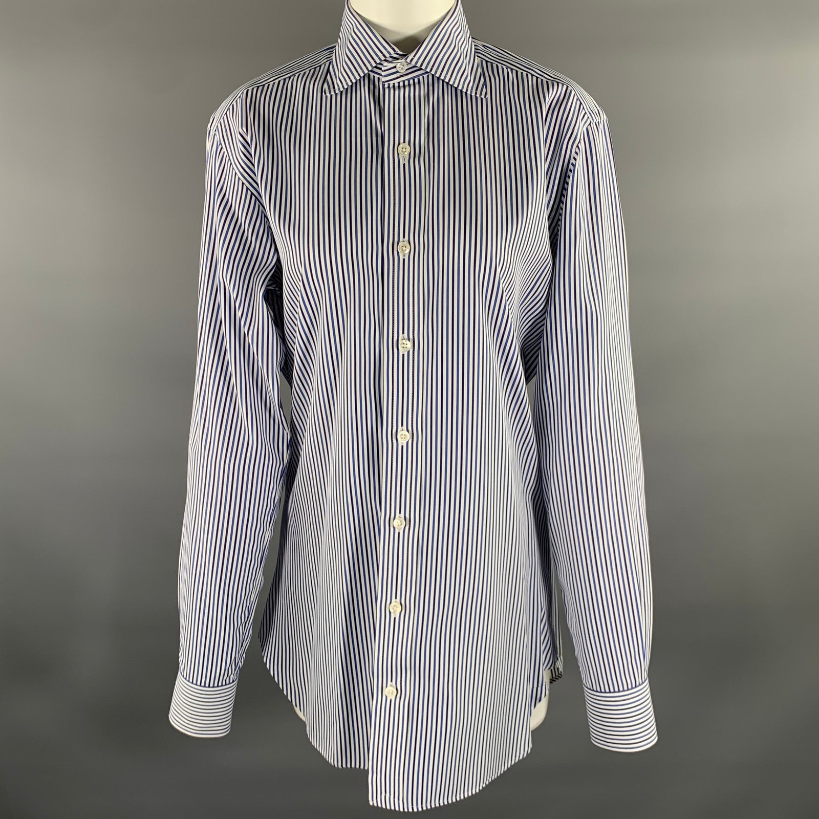 Hamilton Size S White Blue & Navy Stripe Cotton Spread Collar Long Sleeve Shirt